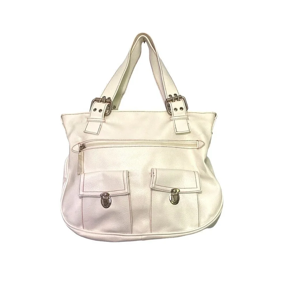 White Shoulder Bag Multiple Compartments Silver Hardware Adjustable Straps NWOT